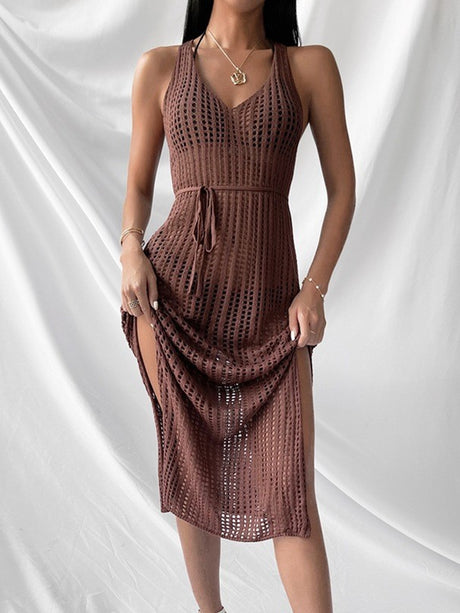 Hollow-out Solid Color Midi Dress For Women
