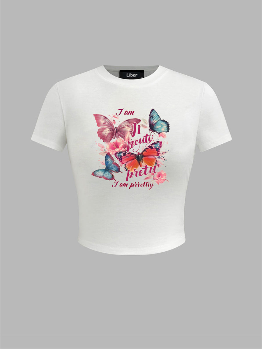 Liber Summer Women's Y2K Hot Girl Print Round Neck Short Sleeve Slim Fit T-Shirt