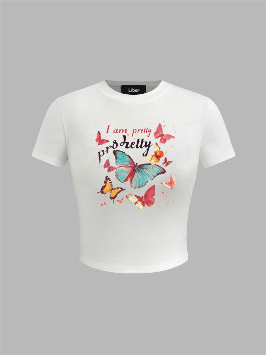 Liber Summer Women's Y2K Hot Girl Print Round Neck Short Sleeve Slim Fit T-Shirt