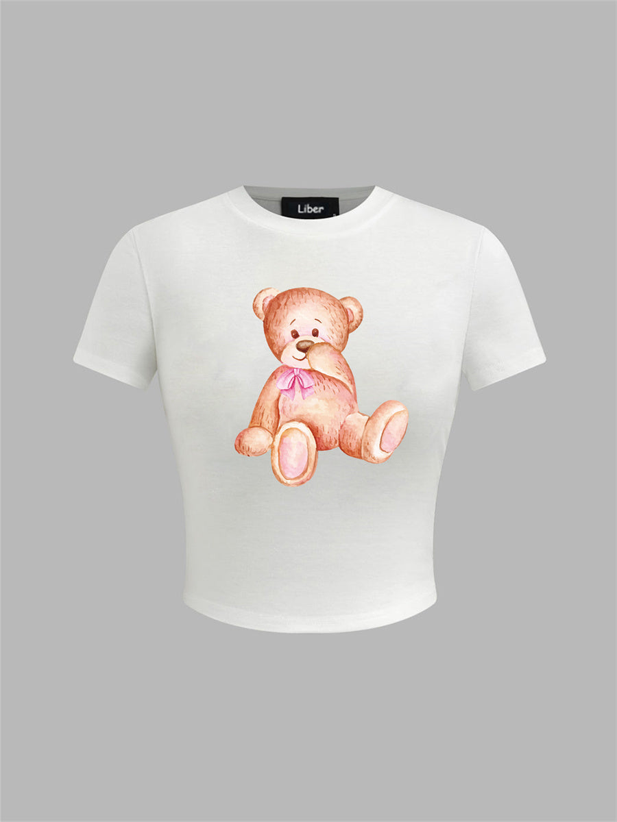 Liber Summer Women's Y2K Hot Girl Print Round Neck Short Sleeve Slim Fit T-Shirt