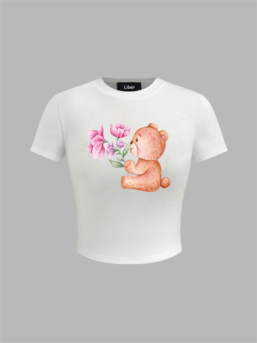 Liber Summer Women's Y2K Hot Girl Print Round Neck Short Sleeve Slim Fit T-Shirt