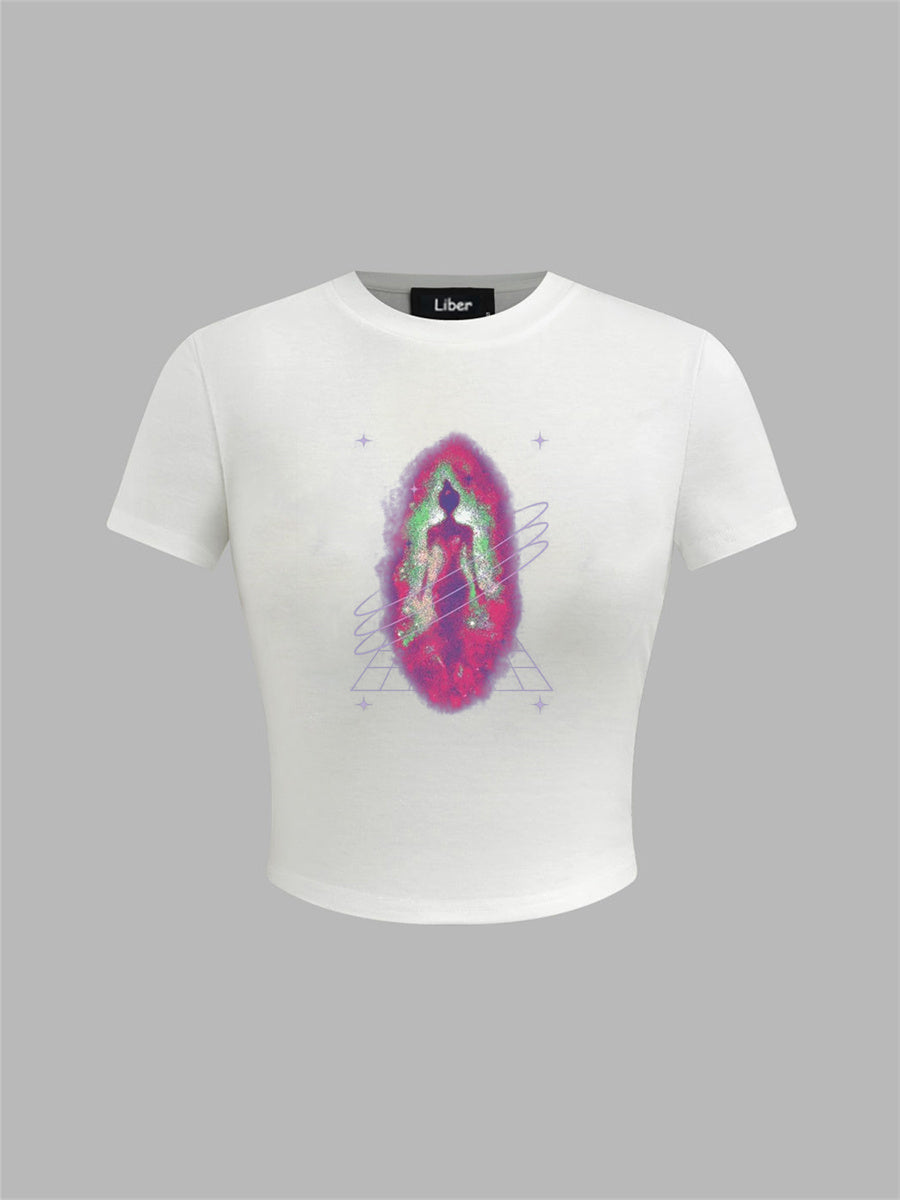 Liber Summer Women's Y2K Hot Girl Print Round Neck Short Sleeve Slim Fit T-Shirt