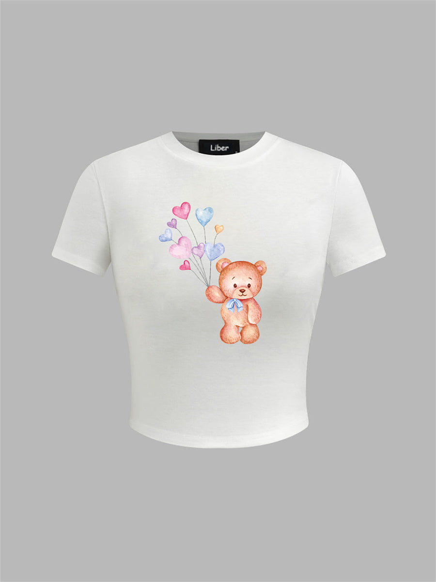 Liber Summer Women's Y2K Hot Girl Print Round Neck Short Sleeve Slim Fit T-Shirt