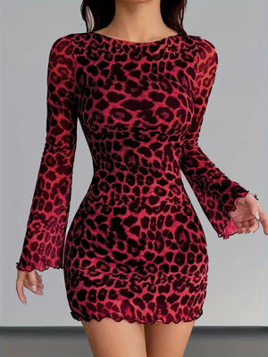 Leopard Print Mesh Slimming And Waist-cinching Long-sleeved Short Dress