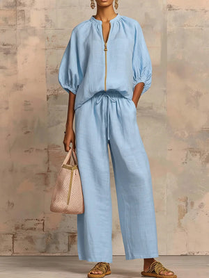 Relaxed Solid Color Top And Wide-leg Pants Two-piece Set