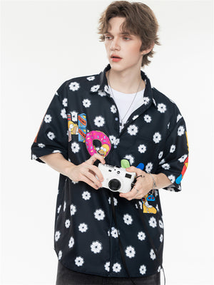 Black And White Color-blocked Cartoon Loose Collar Shirt