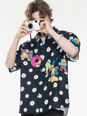 Black And White Color-blocked Cartoon Loose Collar Shirt