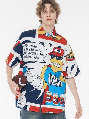 American Retro Cartoon Color-blocked Collared Shirt