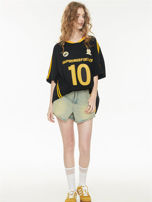 Sweet And Cool Girl Loose V-neck Sports Jersey T-shirt