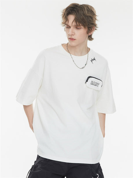 Black And Pink Color-blocked Short-sleeved T-shirt With Detachable Pockets