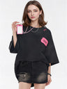 Black And Pink Color-blocked Short-sleeved T-shirt With Detachable Pockets