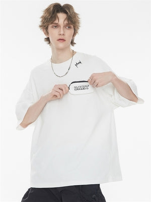 Black And Pink Color-blocked Short-sleeved T-shirt With Detachable Pockets