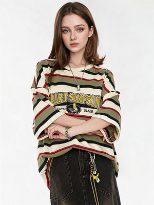 The Simpsons Cartoon Striped Loose Short-sleeved T-shirt
