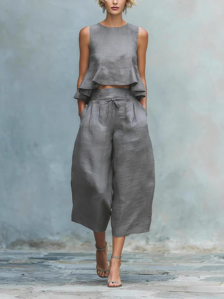 Pleated Solid Color Two-piece Set