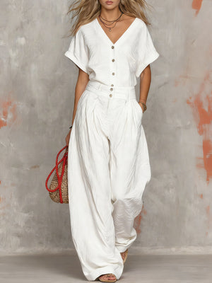 Solid Color Button-down Collar Jumpsuit