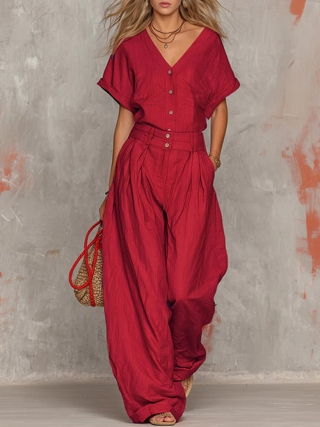 Solid Color Button-down Collar Jumpsuit