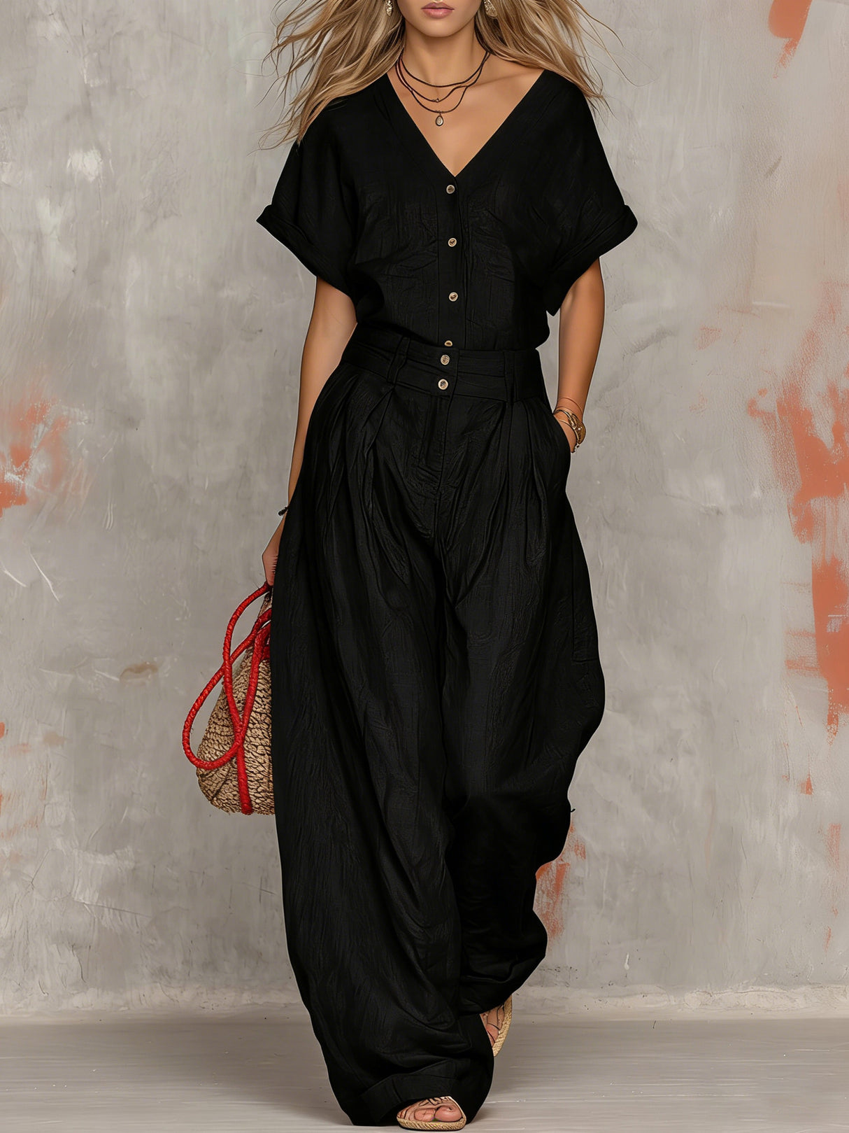 Solid Color Button-down Collar Jumpsuit