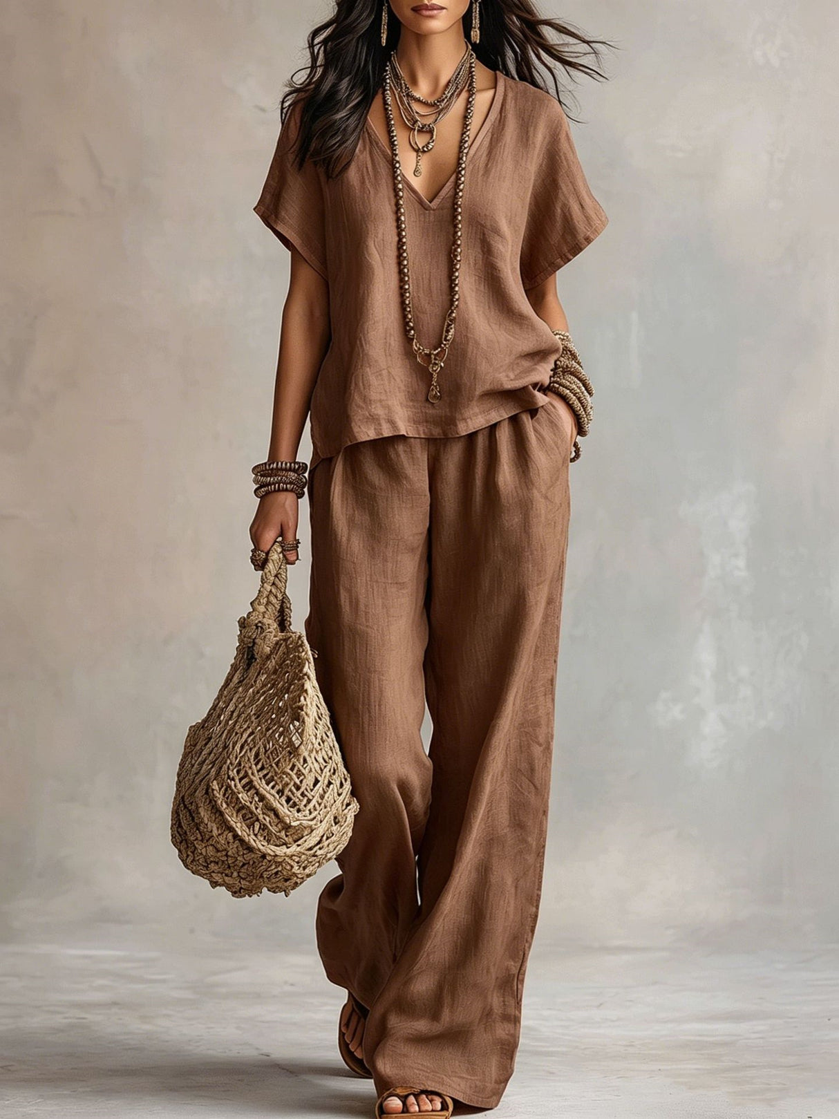 Solid Color Wide-leg Pants Two-piece Set With Irregular Hem