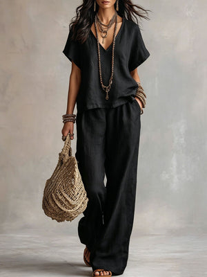 Solid Color Wide-leg Pants Two-piece Set With Irregular Hem
