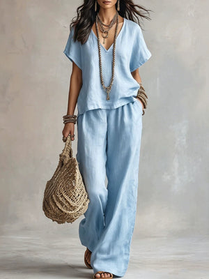 Solid Color Wide-leg Pants Two-piece Set With Irregular Hem