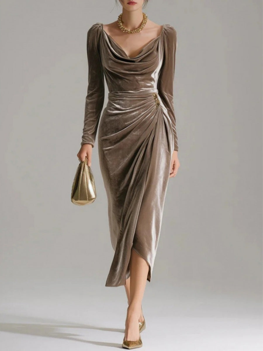 Long-sleeved Velvet With A Cowl Neckline Wrinkles Formal Dinner Cocktail Midi Dress