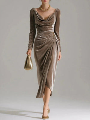 Long-sleeved Velvet With A Cowl Neckline Wrinkles Formal Dinner Cocktail Midi Dress