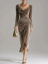 Long-sleeved Velvet With A Cowl Neckline Wrinkles Formal Dinner Cocktail Midi Dress