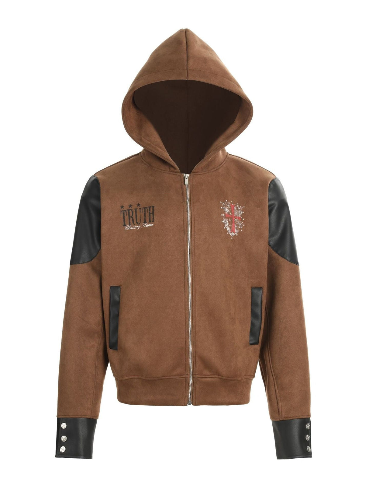 Vibe Leather Armor Splicing Deconstruction Hooded Zipper Jacket