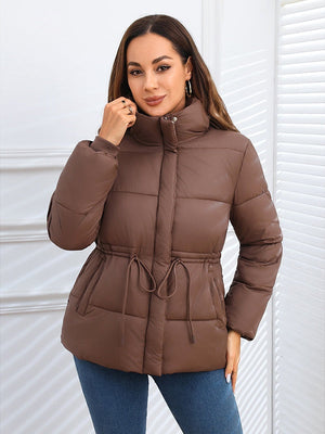 Stand Collar Waist Tie Down Padded Jacket Warm Coat