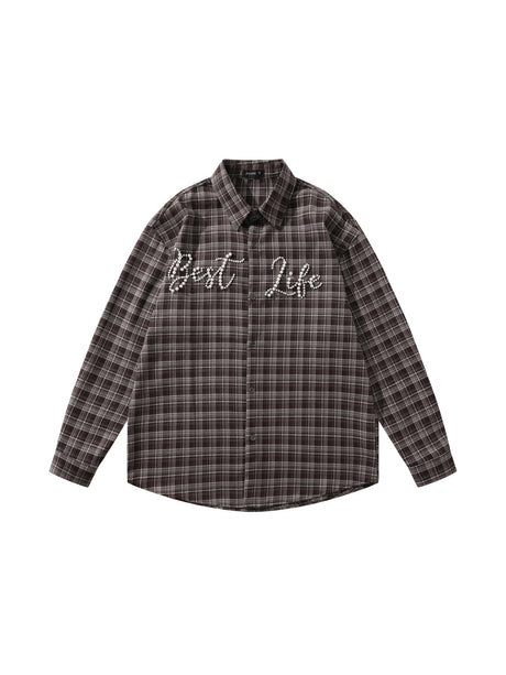 Liber Autumn Neutral wear Beading Plaid Shirts