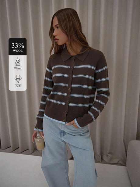 Wool Collar Striped Single-breasted Knit Cardigan