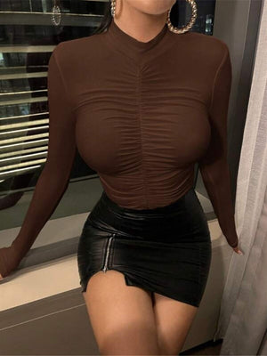 Pleated High Collar Long-sleeved T-shirt