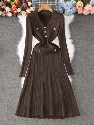 Lapel Button Ribbed Long Sleeve Fishtail Knitted Dress