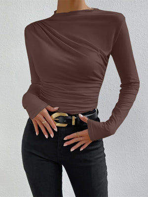 Pleated Solid Color Long-sleeved T-shirt