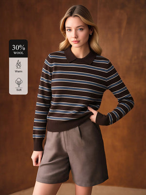 Wool-Blend Striped Cropped Polo Sweater
