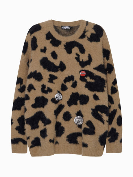 Leopard Metal Badge Loose All-match Crew Neck Sweater