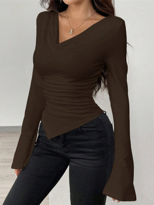 V-neck Off-shoulder Irregular Folds Long-sleeved T-shirt