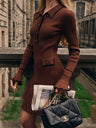 Spliced Chanel Style Long-sleeved Lapel Button-down Ruffled Knitted Mid-length Dress