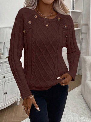 Buttons Raglan Sleeves Twisted Flower Knitted Crew Neck Sweater