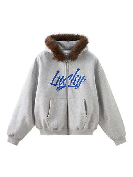 Hooded Embroidery Plush Collar Boxy Short Coat
