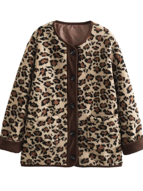 Liber Autumn Women's Pocket Corduroy Splicing Leopard Jackets