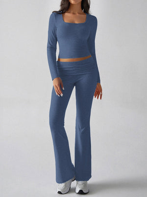 Leisure Navel Solid Color Long-sleeved Two-piece Suit