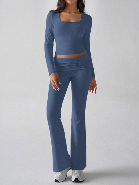 Leisure Navel Solid Color Long-sleeved Two-piece Suit
