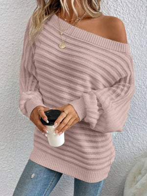 Solid Color 3D Striped Off-shoulder Batwing Sleeve Pullover Knit Sweater