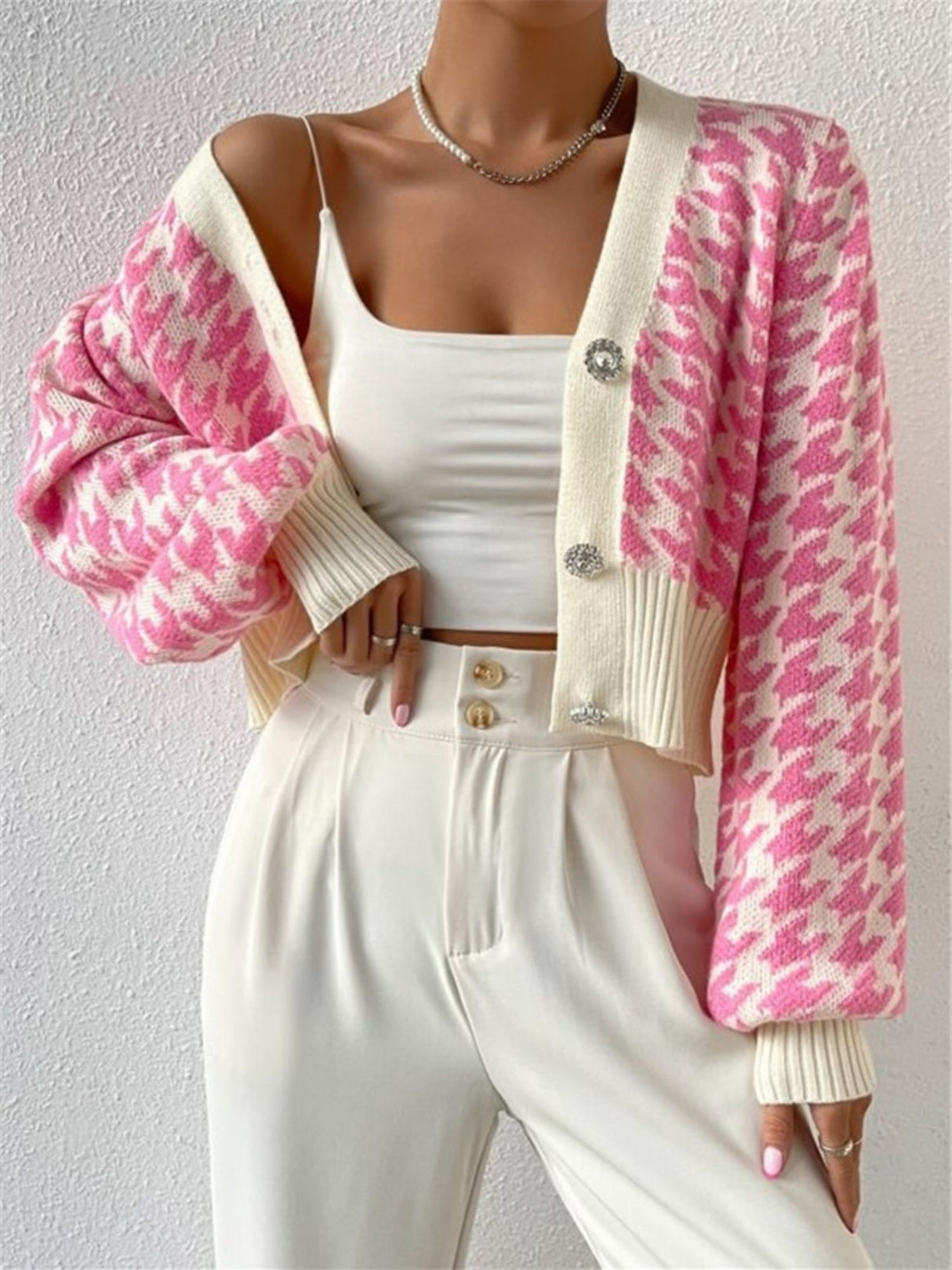 Houndstooth Balloon Sleeve Knitted Cardigan Sweater