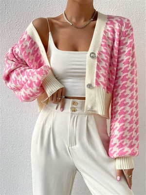 Houndstooth Balloon Sleeve Knitted Cardigan Sweater