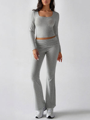 Leisure Navel Solid Color Long-sleeved Two-piece Suit