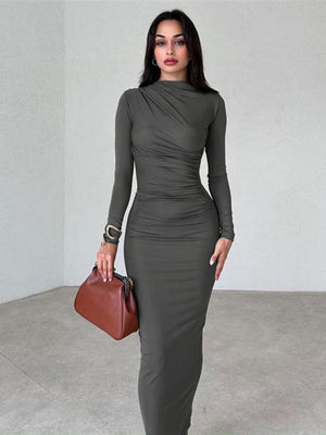 Pleated Sexy Slim Long Sleeve Solid Color Simple Temperament Hip Long Dress