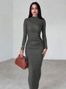 Pleated Sexy Slim Long Sleeve Solid Color Simple Temperament Hip Long Dress