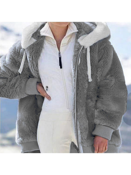 Loose Solid Color Plush Zipper Hood With Pockets Solid Color Jackets